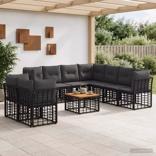Set di divani da esterno 10 pz Nero e Grigio scuro Poliestere 3437501