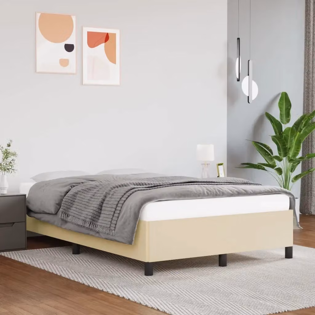 Letto matrimoniale moderno in similpelle beige con struttura in legno e doghe, L/P/H: 120 x 200 x 35 cm – 2