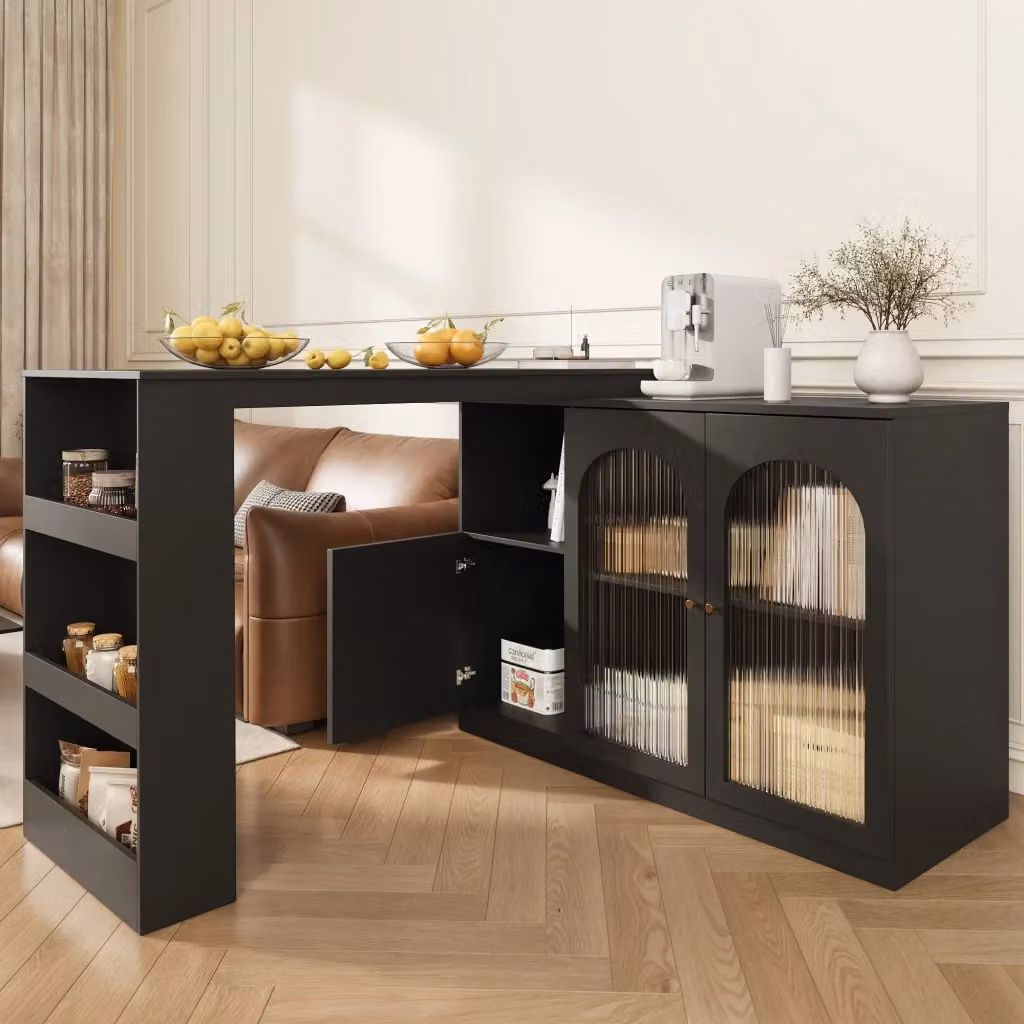 Mobile Bar Moderno con Top Girevole e Ante in Vetro, Nero, L: 120 cm, P: 50,1 cm, H: 97 cm – 2