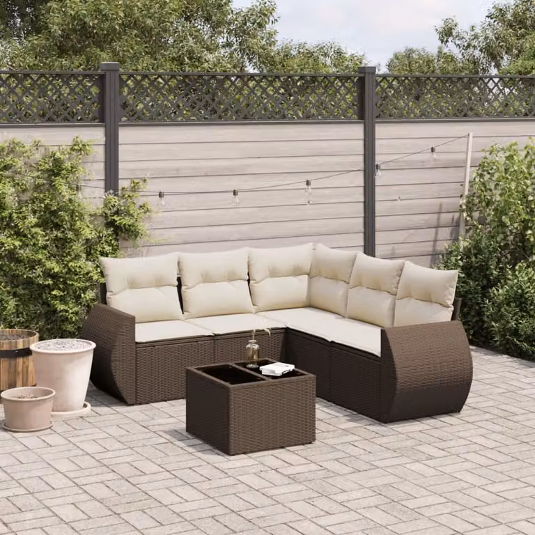 vidaXL Set Divano da Giardino a L 6 pz con Cuscini Marrone e Bianco in Polyrattan e Acciaio