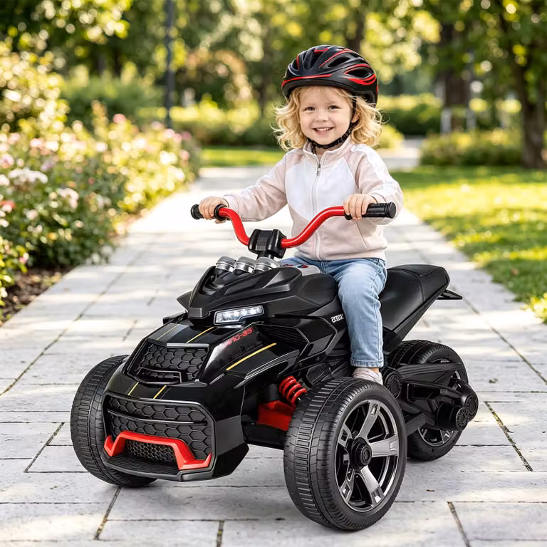 Costway Veicolo fuoristrada elettrico per bambini da 12V con 3 ruote, Motocicletta giocattolo a batteria nero, velocità 3-7 km/h per bambini dai 3 ai 7 anni