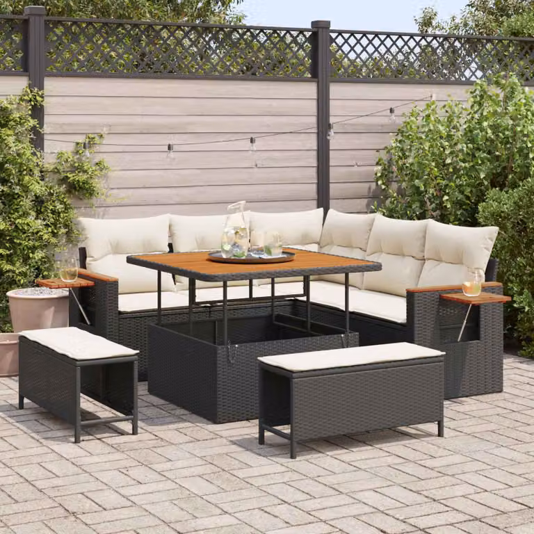 Set Divano da Giardino vidaXL 8 Pezzi in Polyrattan Nero con Cuscini Beige e Tavolino
