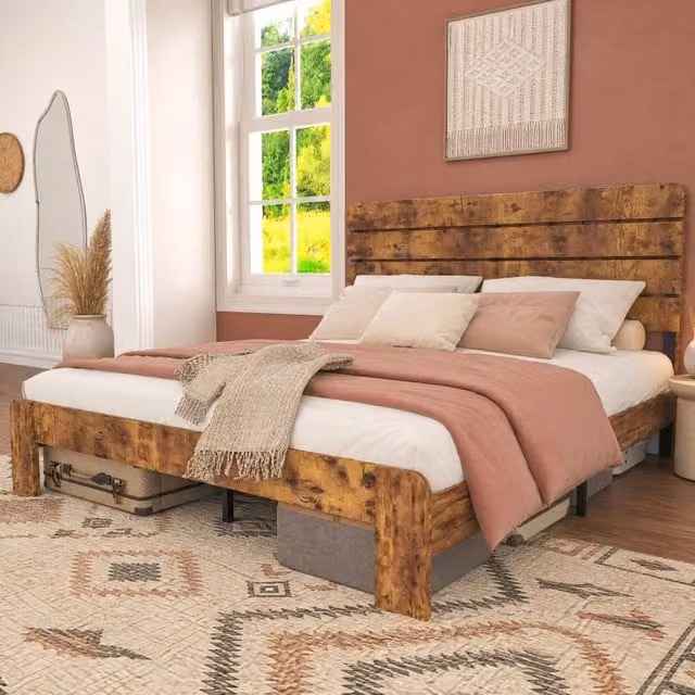 Letto 140x200 cm in MDF e metallo marrone con rete a doghe in ferro