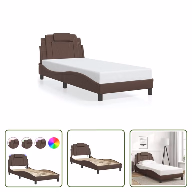 The Living Store Struttura letto con LED Marrone 80x200 cm in ecopelle