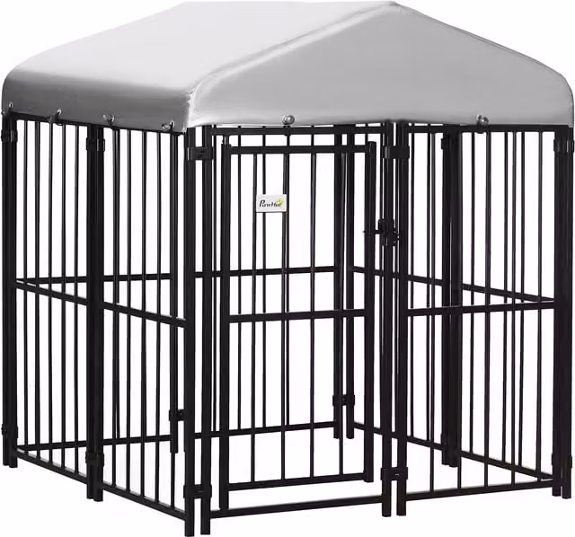 Recinto per cani, galline e anatre PawHut Aosom con tettuccio, nero, L/P/H: 122 x 122 x 138 cm