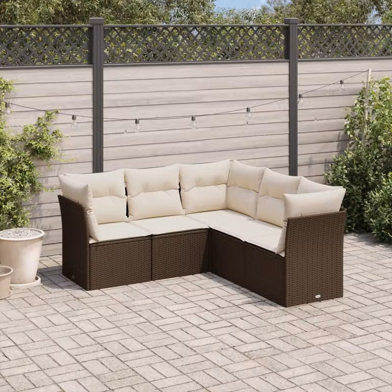vidaXL Set Divano da Giardino a L 5 pz con Cuscini Marrone e Bianco in Polyrattan e Metallo