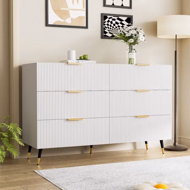 Credenza e madia con 6 cassetti e piedini alti moderni, per soggiorno o sala da pranzo, bianca e oro, 120 × 40 × 77 cm