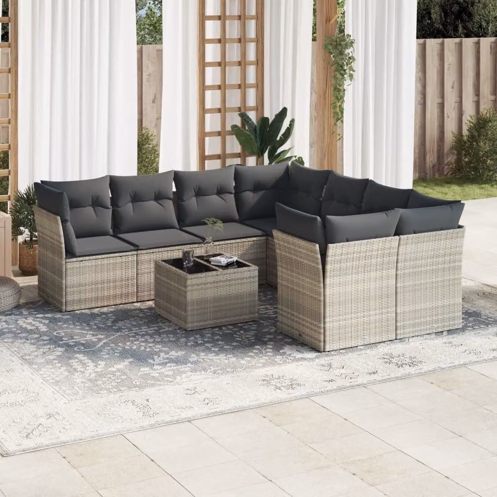 vidaXL Set Divano da Giardino a L in Polyrattan Grigio con Cuscini e Tavolino da Esterno – 1