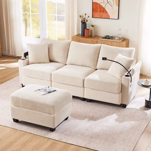 Divano angolare modulare in tessuto con porta USB, supporto per telefono e vano bracciolo, beige 213,5 × 139 × 87 cm