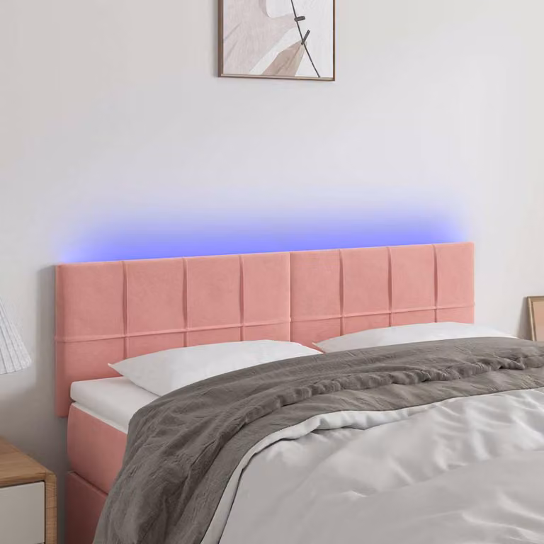 Testiera per letto vidaXL in velluto rosa con illuminazione LED e porta di ricarica USB, L: 144 cm, P: 5 cm, H: 78-88 cm