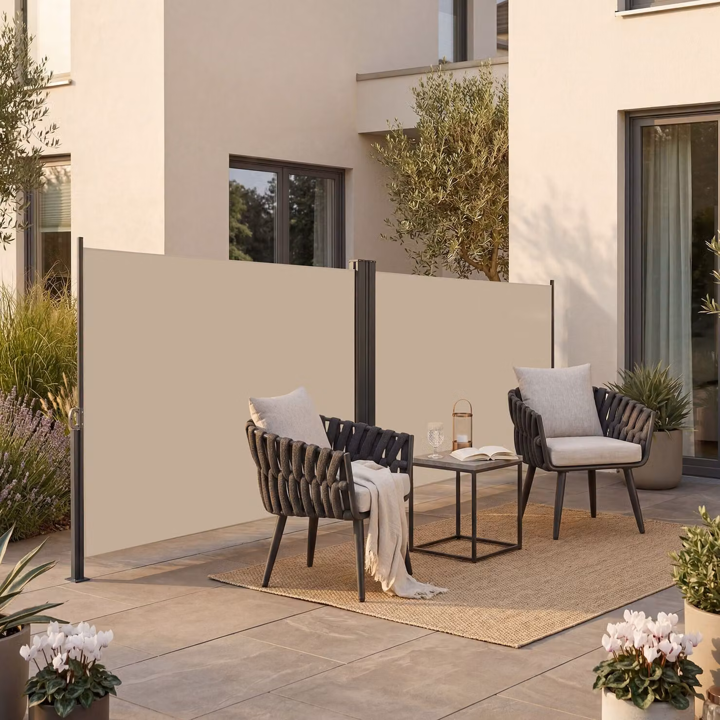 Tenda da sole laterale doppia estensibile tectake con meccanismo di avvolgimento in acciaio e poliestere, beige, L: 600 cm, H: 160 cm