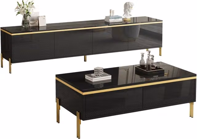 Set mobili TV Chicfurn composto da mobile TV e tavolino con cassetti e vani contenitore in MDF nero lucido e dettagli oro per soggiorno moderno – 1