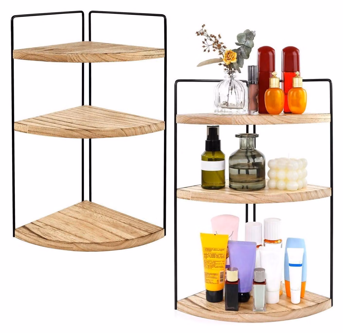 Set da 2 scaffali a 3 ripiani in legno naturale, ideali per il bagno, il piano di lavoro della cucina, l'ufficio