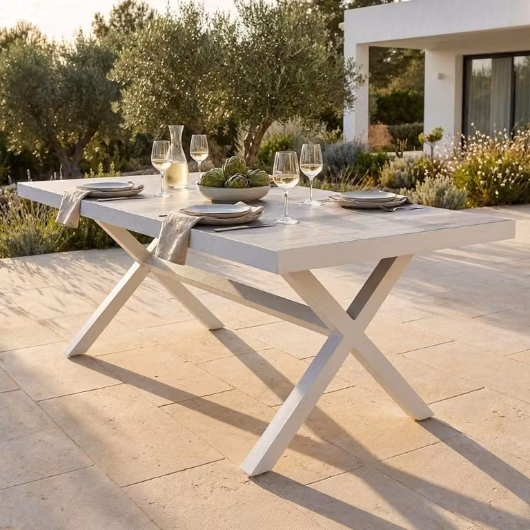 Milani Home - tavolo da giardino allungabile, alluminio e gres e Vetroceramica, piano in gres, 8 posti, bianco, piano 200 x 100 cm