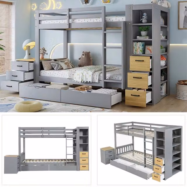 Letto a castello 90x200 cm in legno grigio e naturale con contenitori; scaffale laterale; scala e comodino