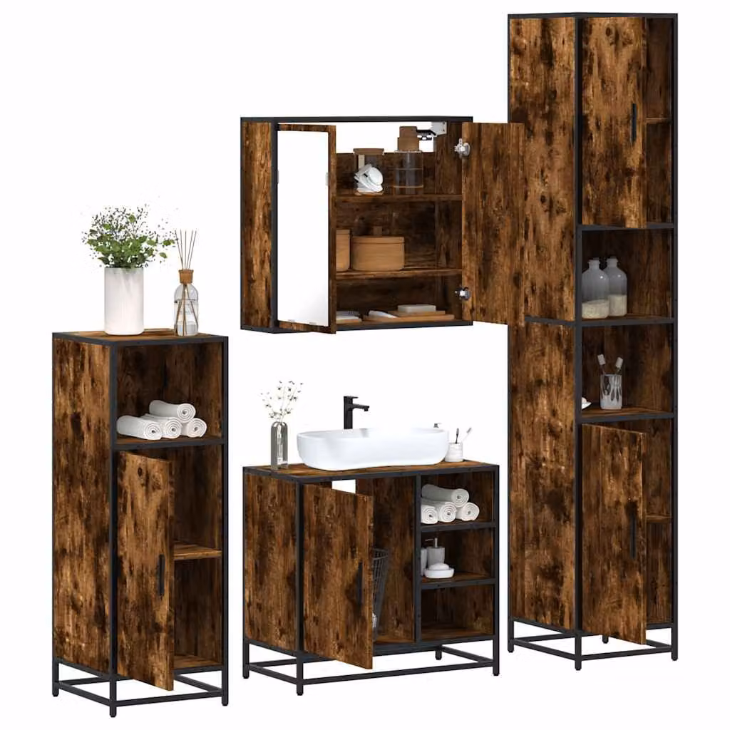 Set di mobili da bagno industrial vidaXL 4 pezzi in legno e metallo marrone con specchio e illuminazione LED – 1