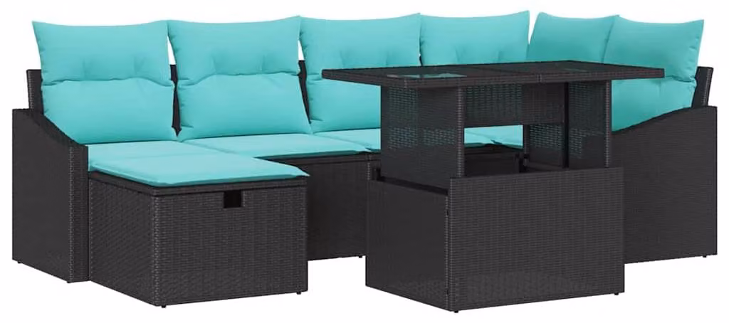 Set Divano da Giardino con cuscino 7 pcs Nero Poly Rattan