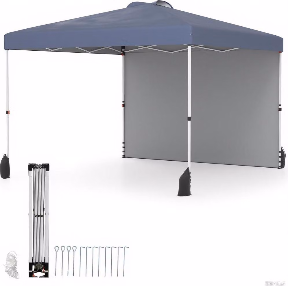 Gazebo pop-up COSTWAY 3x3m, gazebo da giardino portatile con parete laterale, paralume, borsa, 8 picchetti, 4 ancore, 4 corde per il vento e 4 sacchi di sabbia Grigio
