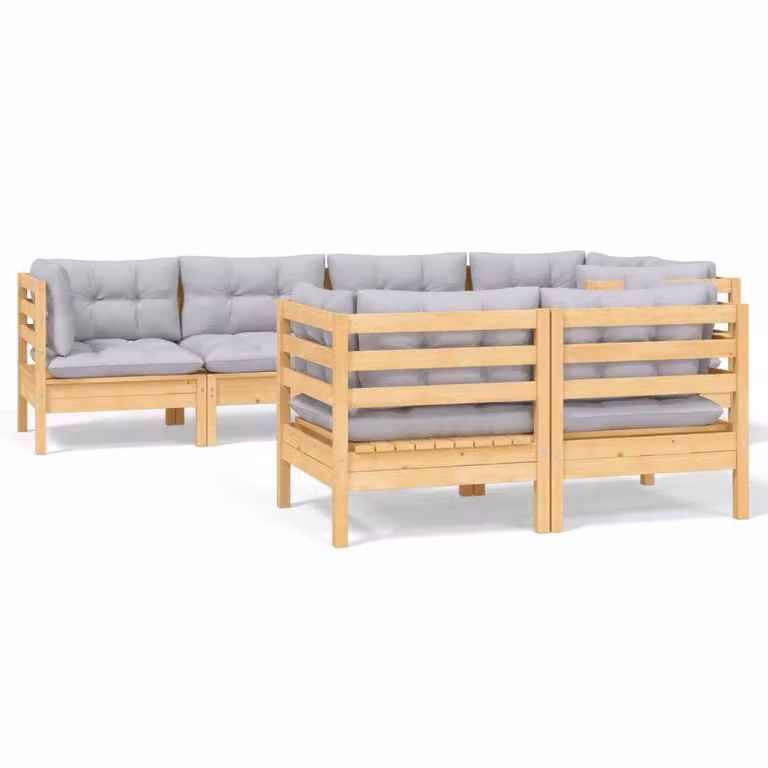 Set Divani da Giardino 7 pz con Cuscini Grigi Massello di Pino