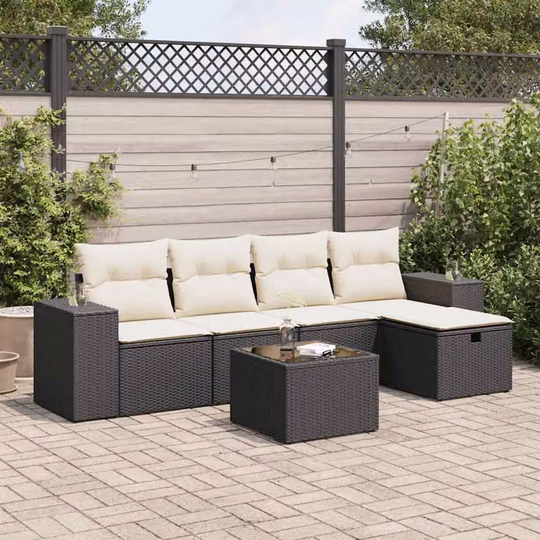 Set Divano da Giardino vidaXL 6 pz in Polyrattan Nero con Cuscini