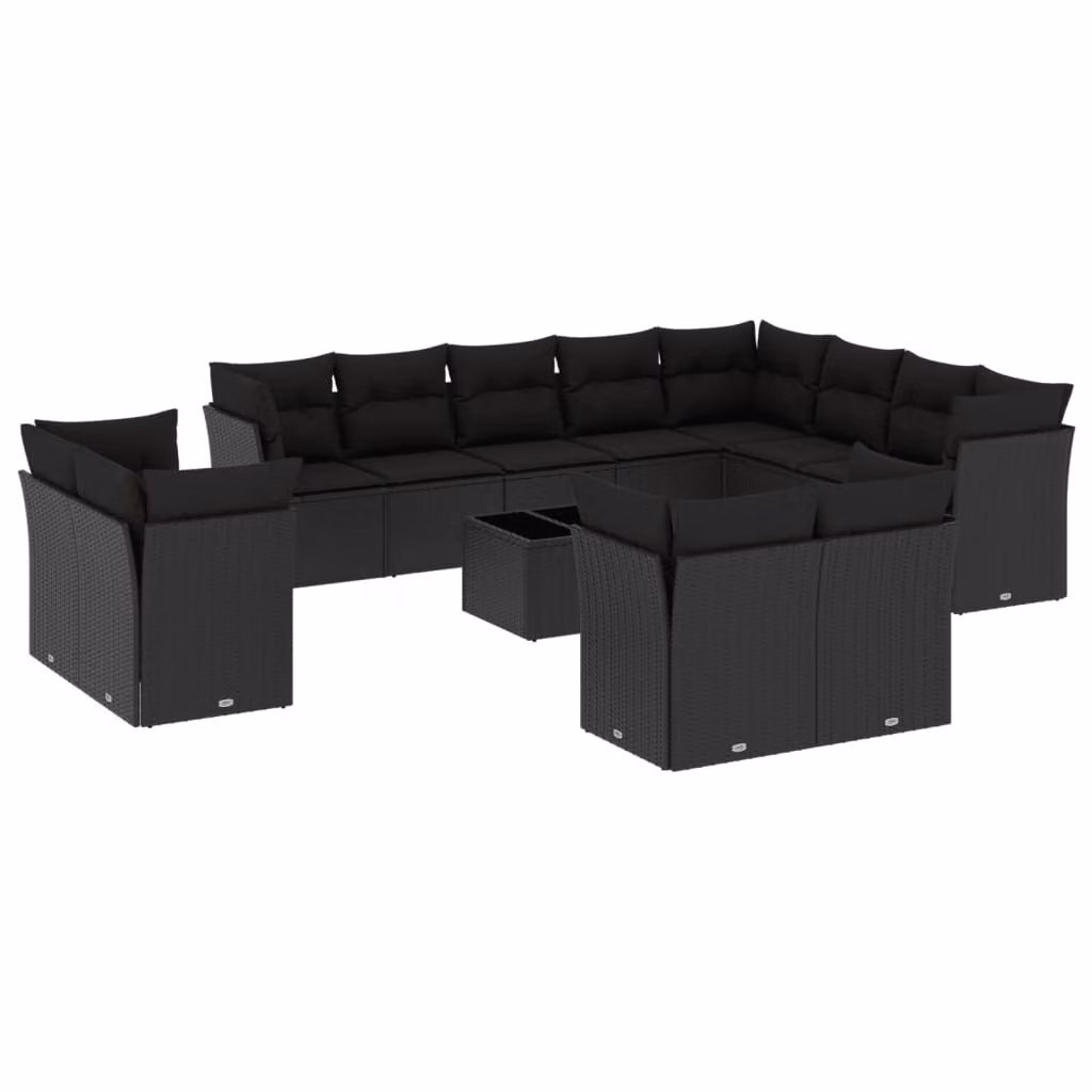 Set Divani da Giardino 13pz con Cuscini Nero in Polyrattan