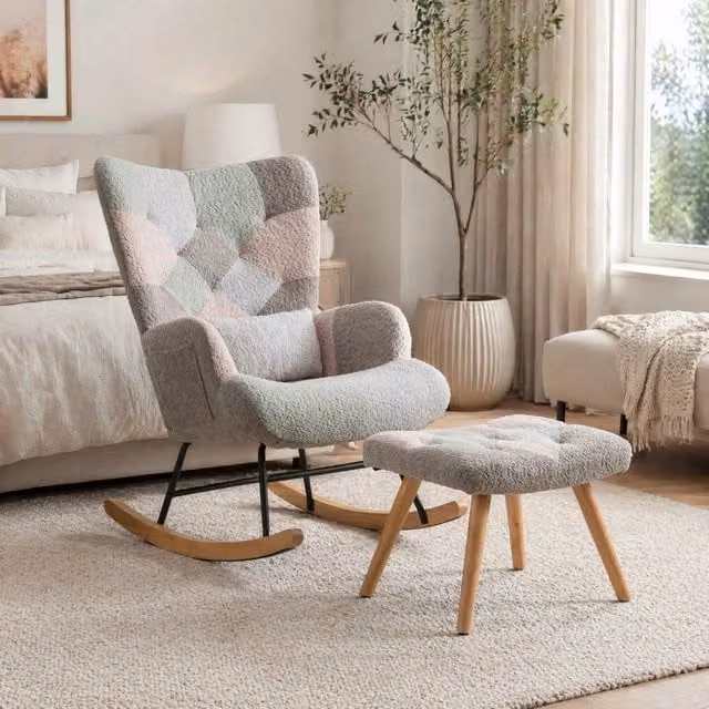 Sedia a dondolo ULEVR 93 cm con poggiapiedi, cuscino lombare e tasca laterale, multicolore