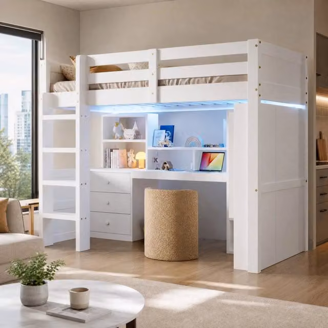 Letto a soppalco ULEVR 90x200 cm con LED, armadio, scrivania, 3 cassetti e vani aperti, bianco
