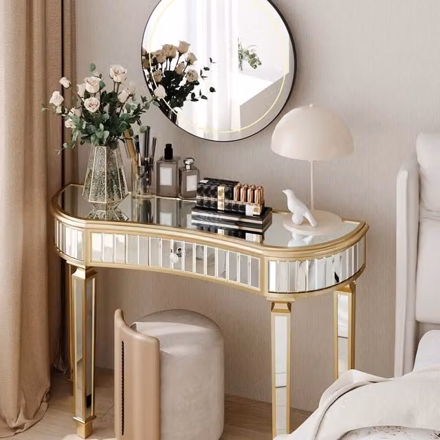 Consolle mezza luna da ingresso con specchio e cassetto in vetro e MDF oro e argento 120 × 38 × 78 cm