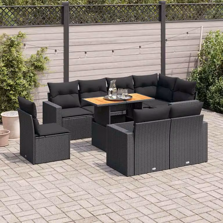 Set di divani da giardino vidaXL 9 pezzi in polyrattan nero con cuscini e tavolino da caffè per esterno