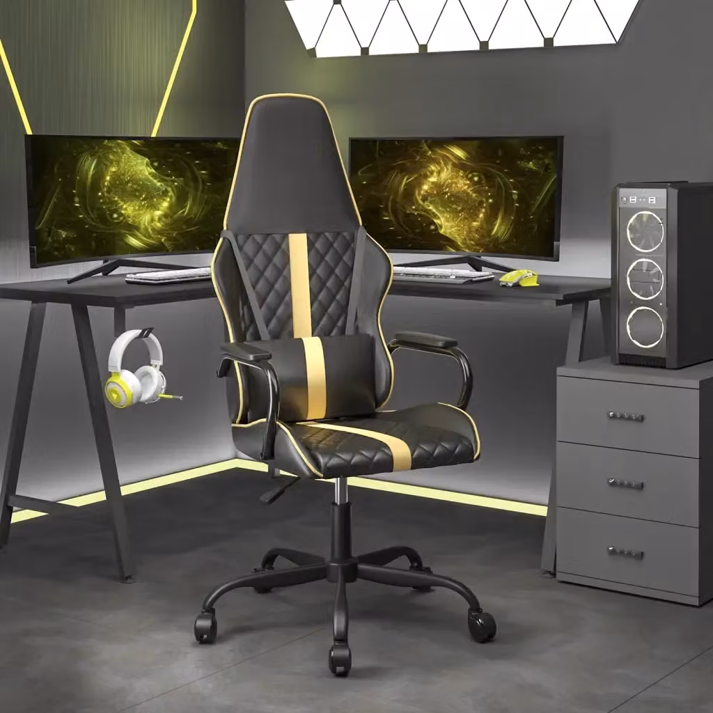 Sedia da Gaming Oro e Nero in Similpelle con Poggiatesta e Ruote per Adulti – 2