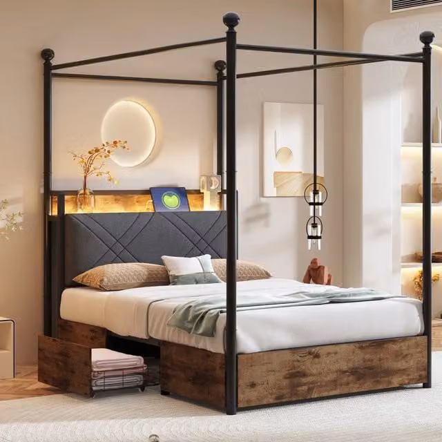 Letto singolo a baldacchino 190×90 cm, LED, USB, Type-C e 2 cassetti, senza materasso, metallo nero