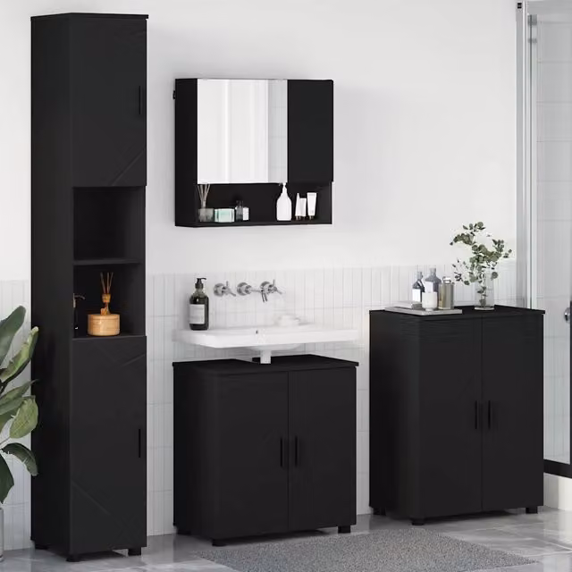 Set di mobili da bagno moderno vidaXL nero composto da 4 pezzi con mobile lavabo, armadietto con specchio, colonna alta e mobile laterale L/P/H: 61 x 35 x 64 cm