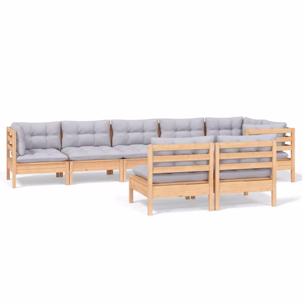 Set Divani da Giardino 8 pz con Cuscini Grigi Massello di Pino