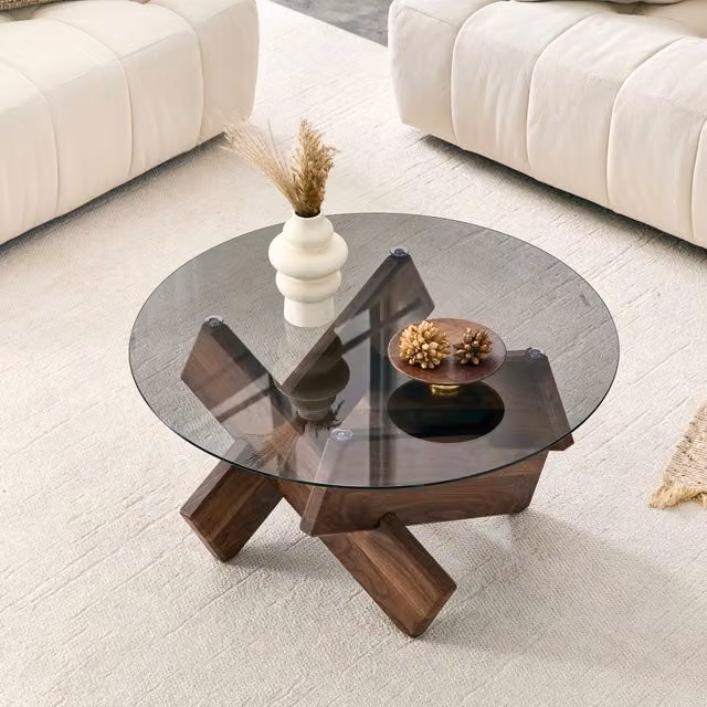 Tavolino da caff¨¨ rotondo moderno con piano in vetro e robusta base di design effetto legno o marmo, diametro circa 79 cm, altezza circa 45 cm, ideale