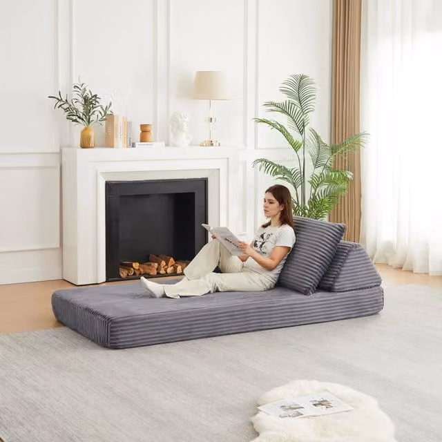 Divano modulare a L con funzione letto in velluto a coste grigio WISHDOR