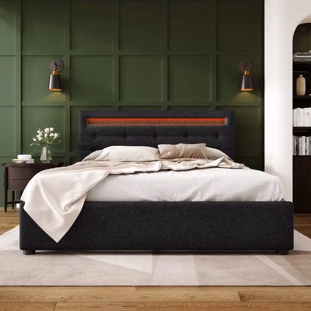 Letto Imbottito con LED e Cassetti 140x200 ¨C Xylo ¨C Nero, Testiera Regolabile, Rete a Doghe in Legno