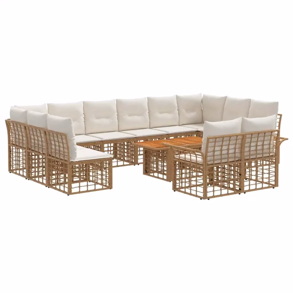 Set Divano da Giardino vidaXL in Polyrattan 13 Pezzi con Tavolino e Cuscini, Colore Naturale e Bianco Crema – 2