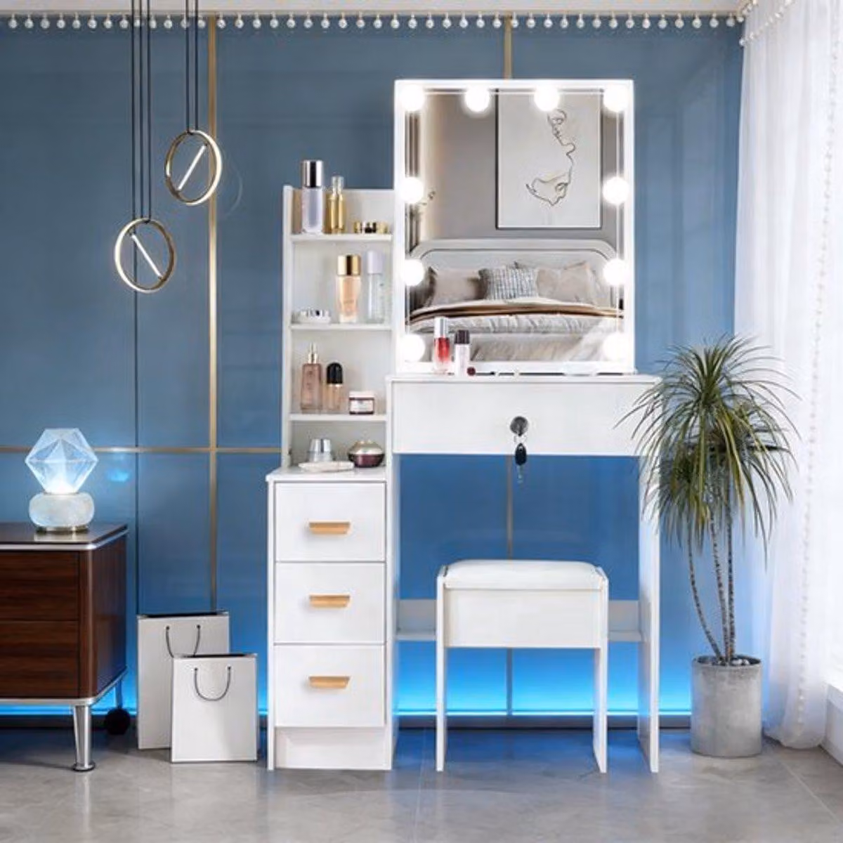Comò con specchio e sgabello - Illuminazione LED dimmerabile - 4 cassetti - Bianco