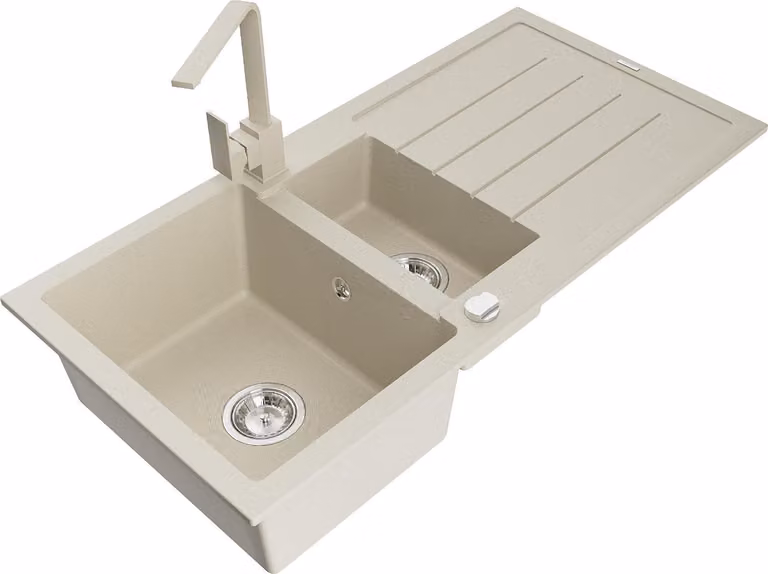 Mexen Andres lavello in granito a 1,5 vasche con scolapiatti e miscelatore cucina Rita, beige - 6515-69-670300-69