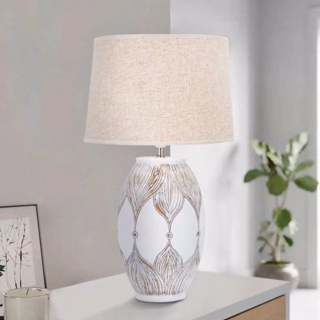 Lampada da tavolo Batabaga in ceramica e tessuto, bianco e beige, con lampadina E27 sostituibile