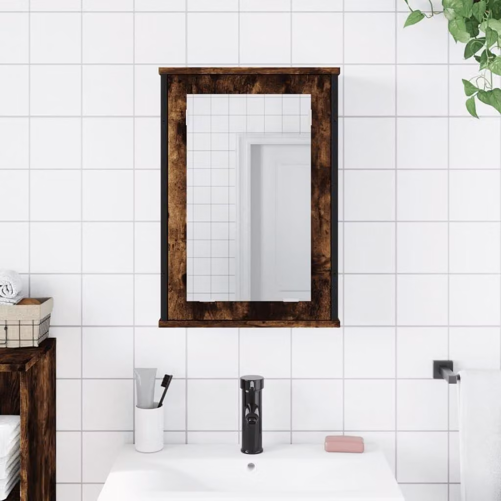 Mobiletto da bagno con specchio, finitura noce fumo