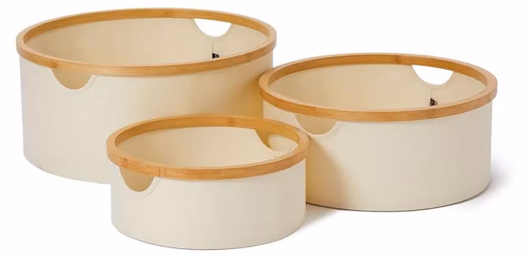 Set di 3 scatole di bambù Lumaland, forma rotonda, colore beige, dimensioni: 45x20 cm / 38x16 cm / 30x12 cm