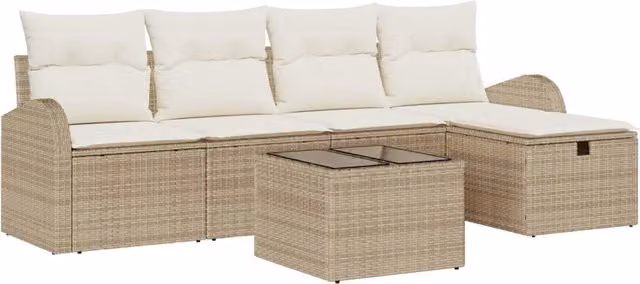 Set di divani da giardino a forma di L con tavolino e pouf vidaXL, colore beige e bianco, con cuscini inclusi e struttura in metallo e rattan