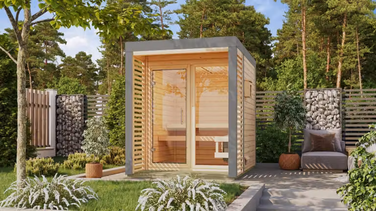 Casa della sauna Ares 1 : Finitura naturale : senza riscaldatore : Alluminio grigio Colore: Finitura naturale Colore metallo: Alluminio grigio Riscaldatore sauna: senza riscaldatore