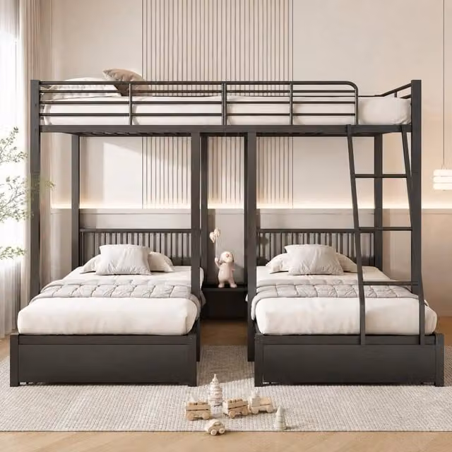 Letto a castello triplo trasformabile con cassetti; 140x200 cm + 2 letti 90x200 cm; metallo nero