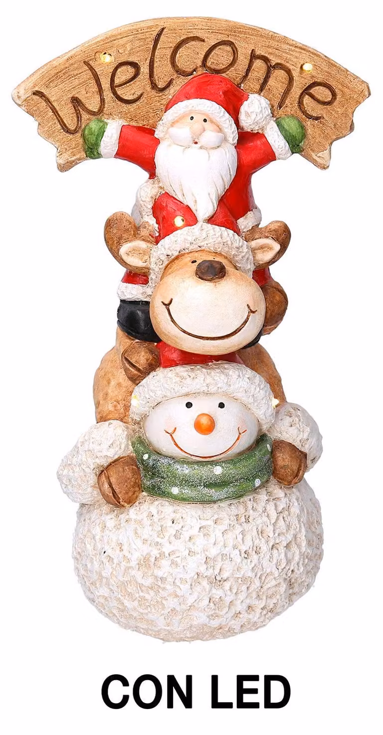 Pupazzo Babbo Natale con Led in Resina con renna e pupazzo cm 27,5x20xh48
