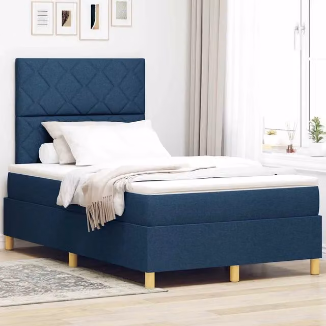 Letto a molle con testiera blu vidaXL in tessuto e legno L/P/H: 200 x 120 x 76 cm – 1