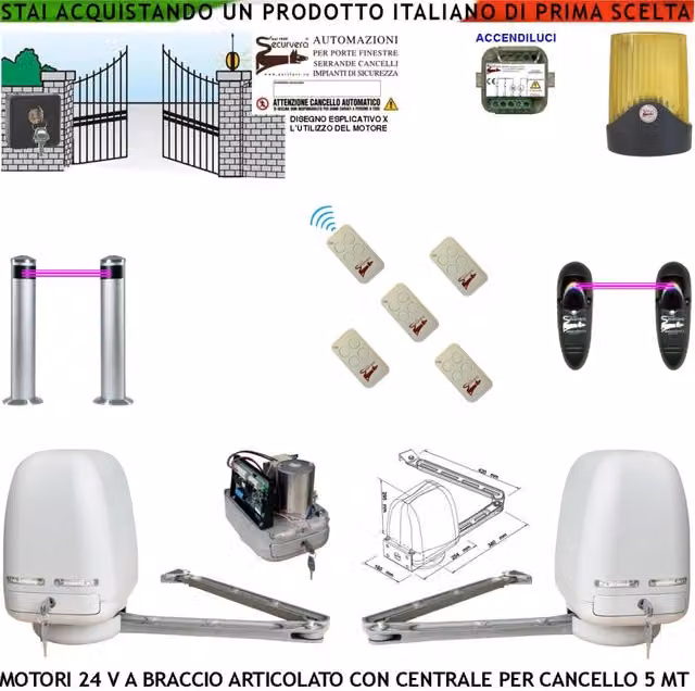 Automazione Cancello Kit Motori Braccio Articolato 24 V 2 Ante da 1 a 2,5 MT Centrale 220/24 V Faro Selettore 5 Radiocomandi 2 Fotocellule 2 Paline Accendiluci