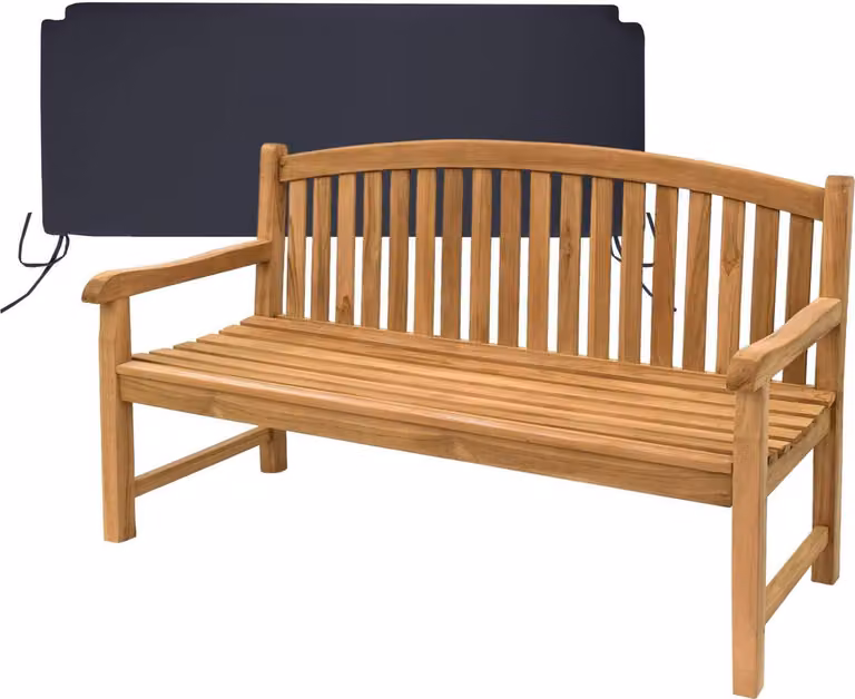 Panca in teak massello, modello Bari, 150 cm, resistente agli agenti atmosferici, con cuscino per seduta nero
