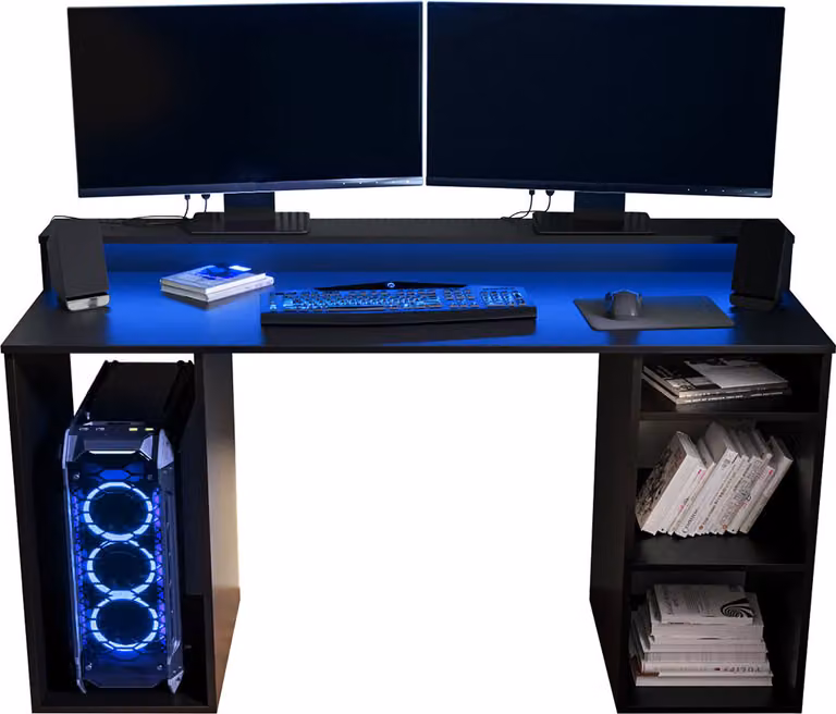 MIRJAN24 Scrivania da gaming Gamer 1, scrivania per computer con illuminazione LED RGB, ripiano per monitor, stile gaming (colore: nero)